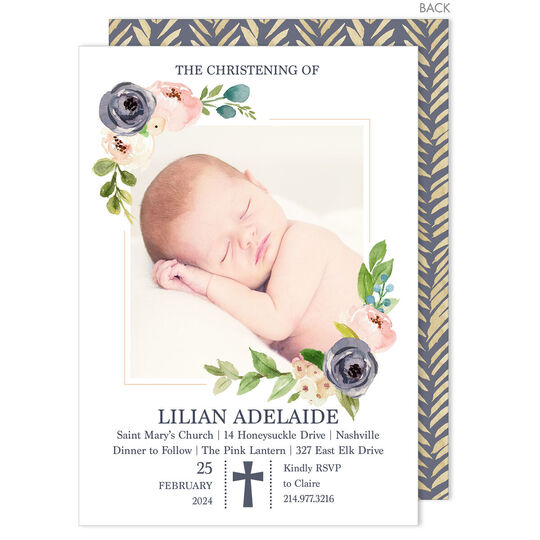 Gray Floral Corner with Cross Photo Invitations